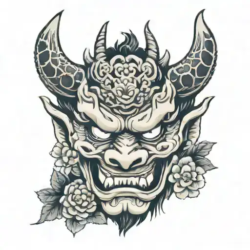 Oni Mask With Dragon Wrapped And Flowers Growing