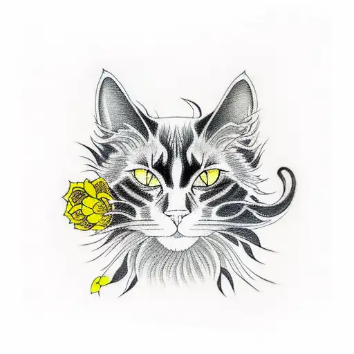 The Face Of A Black Cat With Yellow Eyes