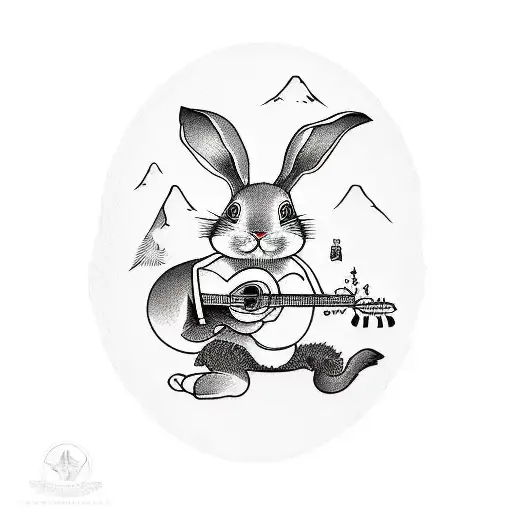 A Black And Grey Sketch Of A Bunny Playing A Guitar In A Garden
