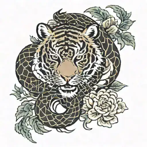 Tiger Snake Wrapped With Vines And Chrysanthemum Flower
