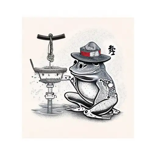 Japanese Frog Leaning Up Against A Well With Hat And Sword