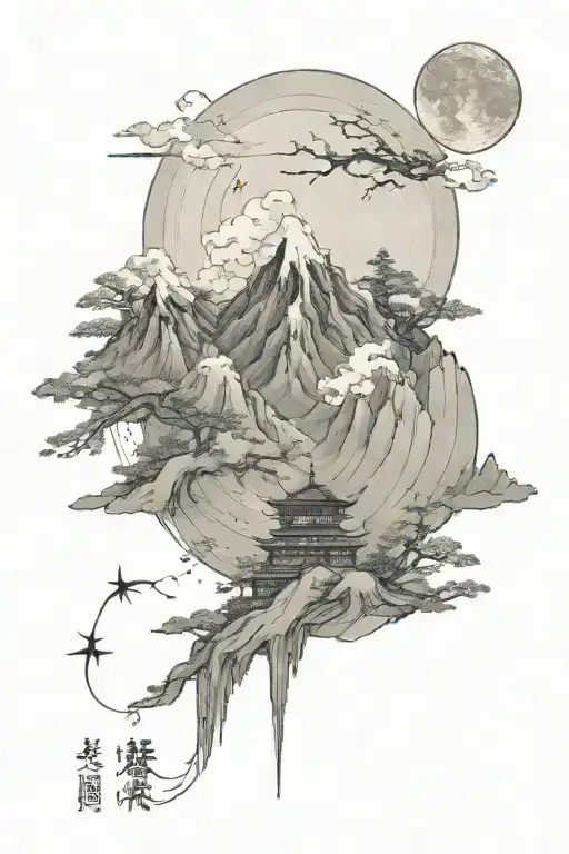 Single Mountain And Large Moon Surrounded The Gemini Constillation