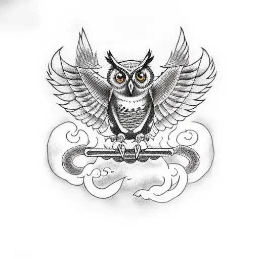 Flying Owl With Anchor And Fire