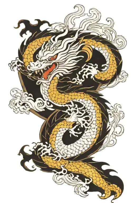 White Dragon Over Black Inky Background