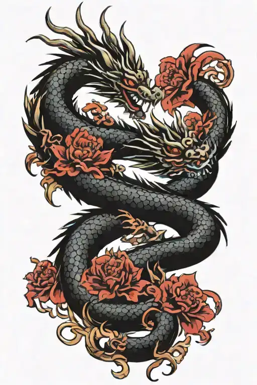 Red Flowers On Black Background With Dragon On Top Full Sleeve