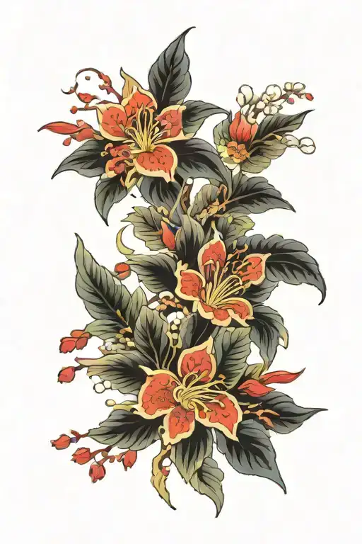 Red Flowers On Black Background On The Whole Hand