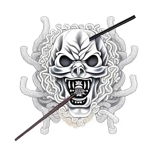 Oni Mask With Ramen Noodles In Skull With Chop Sticks Holding Noodles