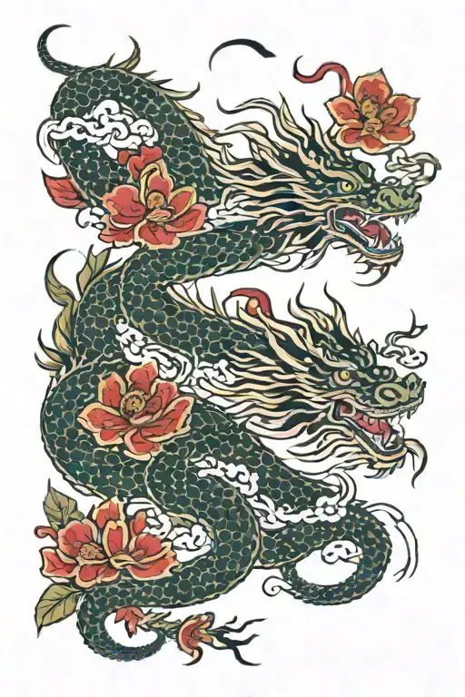 Red Flowers With Dragon Above Flowers Big Size