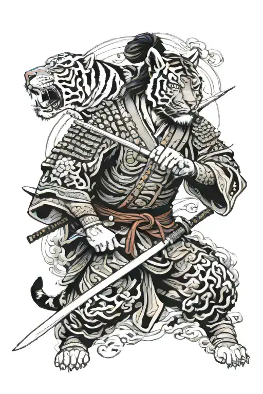 Japanese Samurai Warrior And His Sword Merged Together Representing With A Tiger