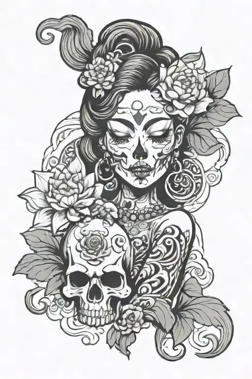 Jappanese Oni Girl With Waves And Lotus Flower With Skull