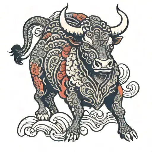 Japanese Bull With Waves