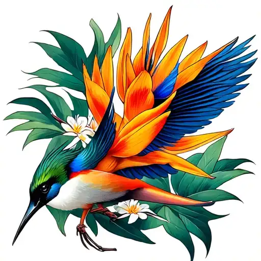 Bird Of Paradise Flower And Humingbird