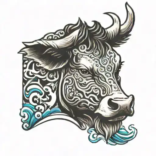 Head Of A Fierce Cow With Waves Background