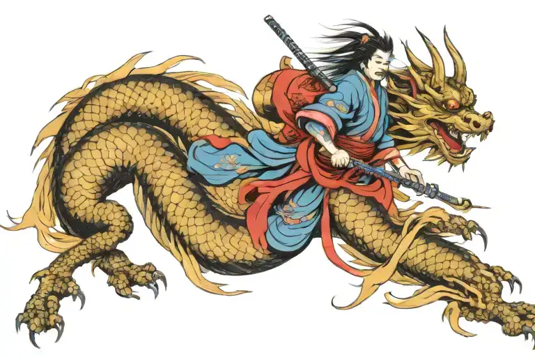 Medival Samurai And Japanese Dragon