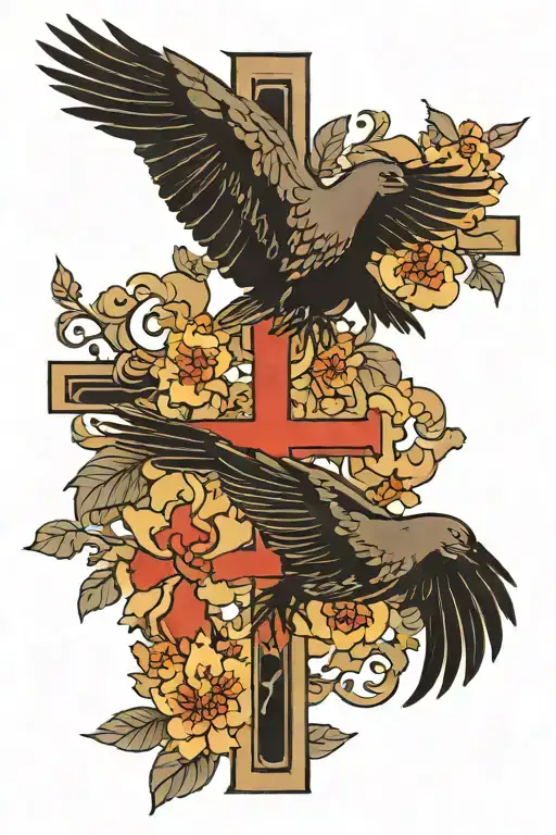 Crow And Doves Flying Around Cross