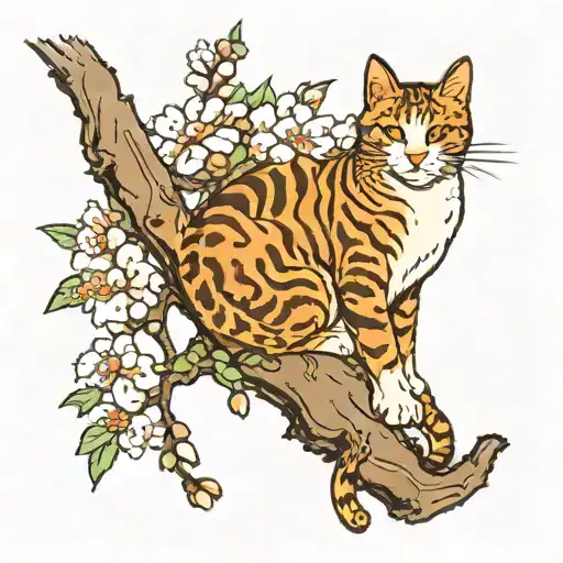 Cat Sitting On A Tree Of Japanes Cherry And Moon