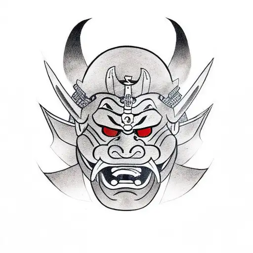 Samurai In A Oni Mask Infront Of A Japanese Shrine