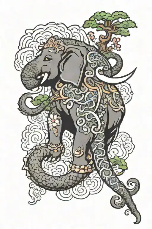 Arm Sleeve With Traditional Elephant On Top And Japanese Dragon Going Around Arm