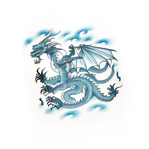 Dragon Spewing Fire Through Nose While Flying Over Ocean