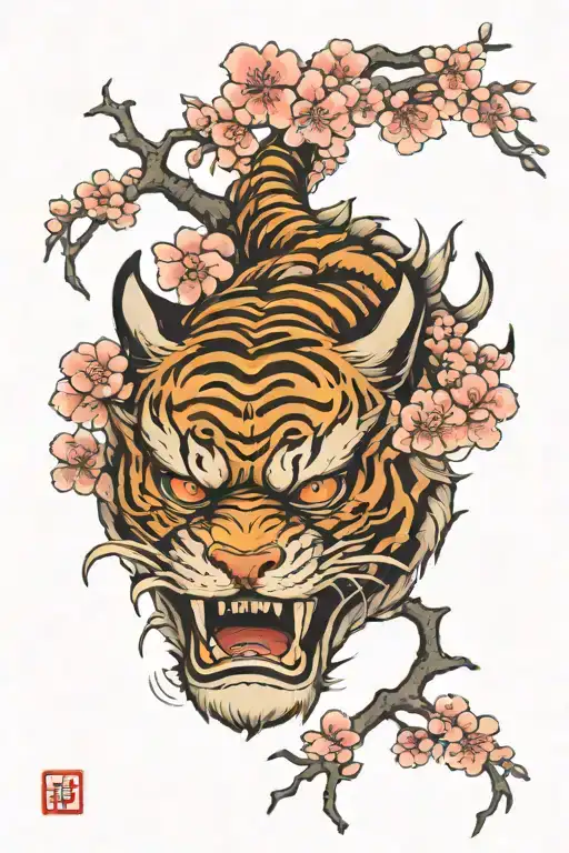 Japanese Tiger And Oni Mask With Sakura Flowers