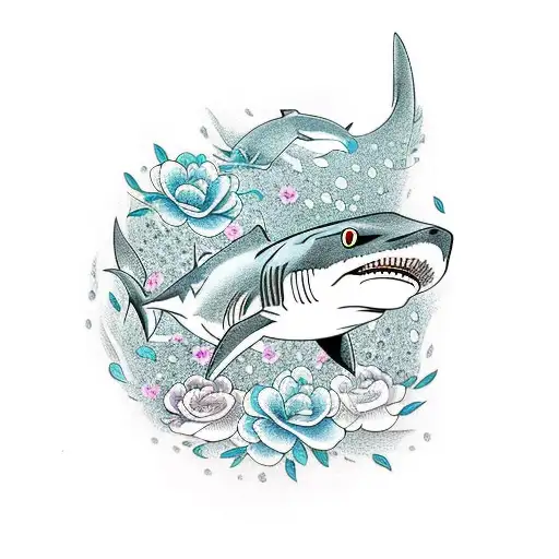 Shark Swimming In Water Surrounded By Flowers