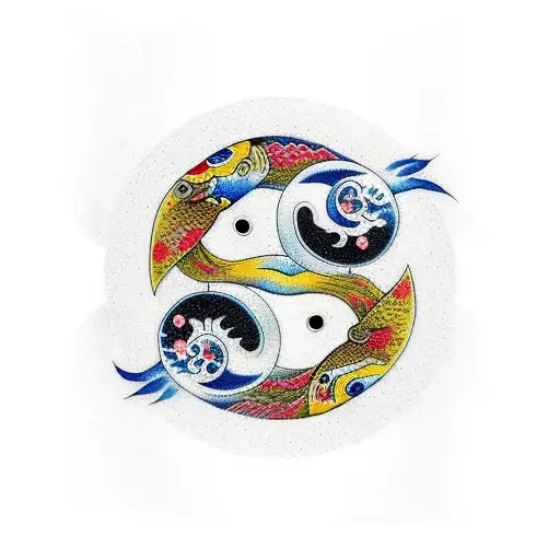 Yin Yang Fish Swimming Around A Moon