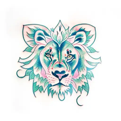 A Colored Tattoo Of A Lion With Roses And Other Flowers