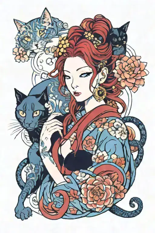 A Red-haired Woman With Blue Eyes And A Black Cat With Very Long Hair