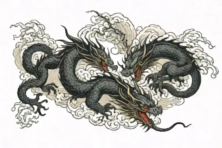 Two Dragons Are Striving For Each Other In Front Of Forest In The Mountains