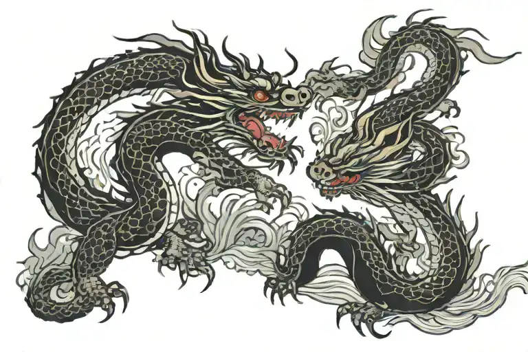 Two Dragons Are Striving For Each Other In Front Of Forest In The Mountains