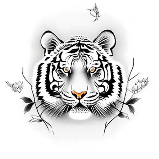 Tiger With Sakuras Flowers In The Wind