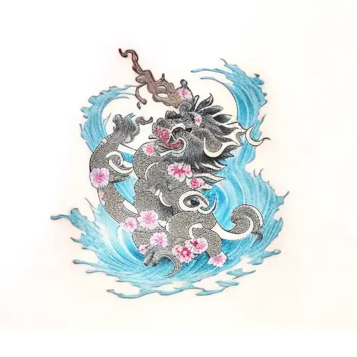 Foo Dog With Cherry Blossom And Wave