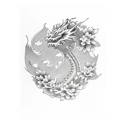 Dragon Droit Avec Des Fleurs