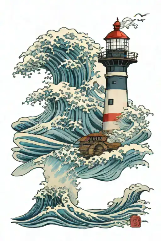 Lighthouse Standing Tall Amidst Waves Crashing Tattoo
