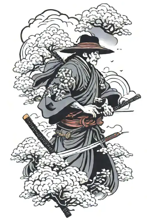 Samurai In Old Era With Clouds Surrounding