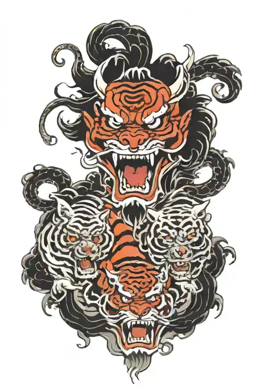 Japanese Hanya Demon With Skulls And Tiger
