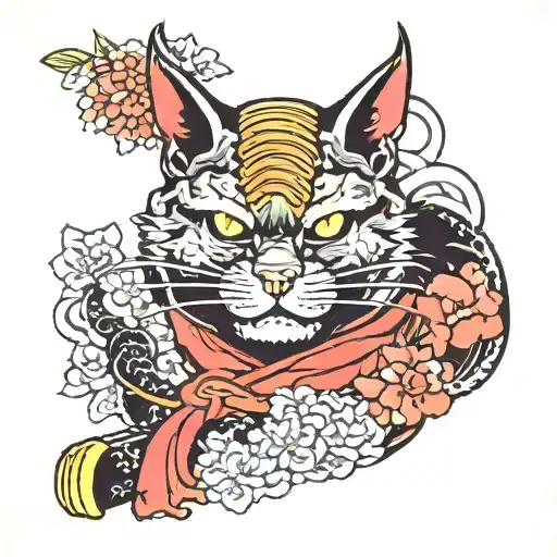 Japanese Samurai Cat Tattoo Cat Vintage Poster Wall Art Stick With Hannya Mask And Sakura Blossom