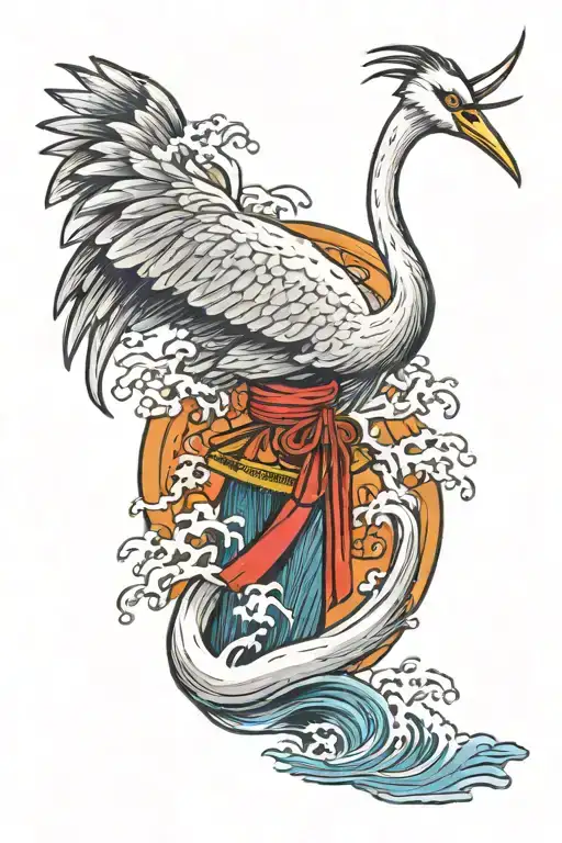 Crane Posing On A Katana Stuck In Water