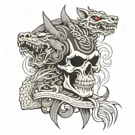 Skull Warrior Samurai Wolf Tample And Dragon
