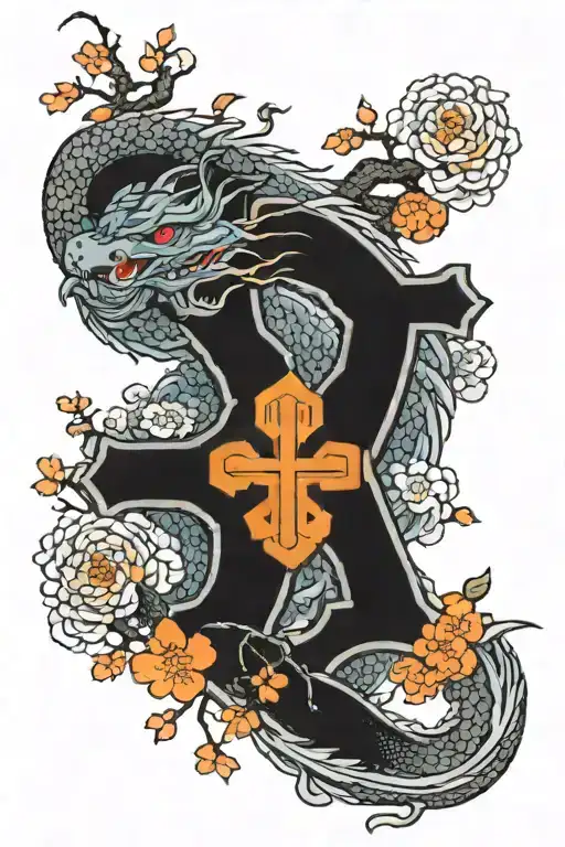 Japanese Dragon With Orange Cherry Blossoms And And A Cross