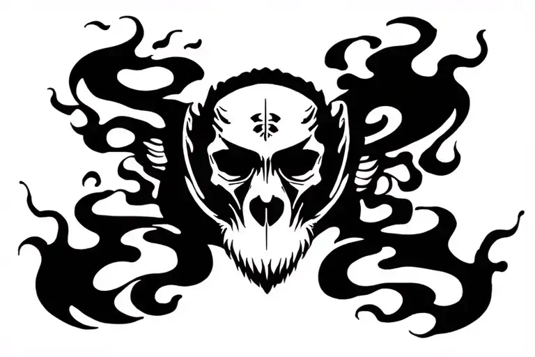 Assymetrical Flames With A Small Mandrill Skull In The Middle