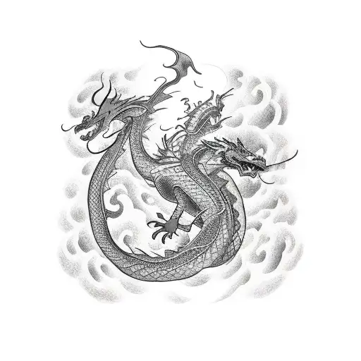 A Dragon Swimming Up A River On Back