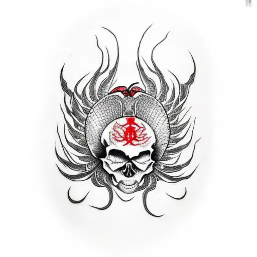 Skull And Red Spider Lily And Dragon