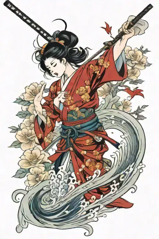 A Nude Large Breasted Geisha Holding A Katana