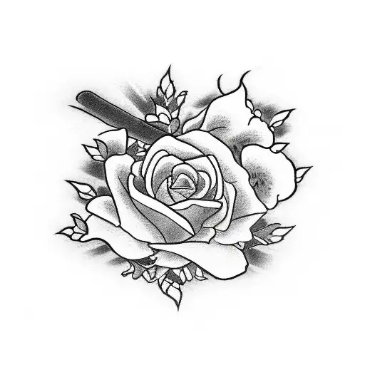 Katanas And Uziz With Roses In Black And White