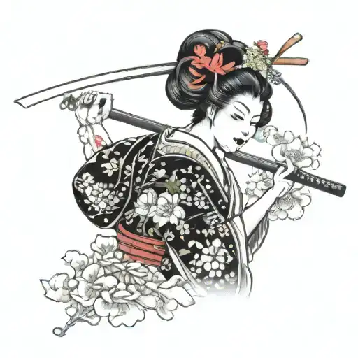 Japanese Geisha Holding A Katana
