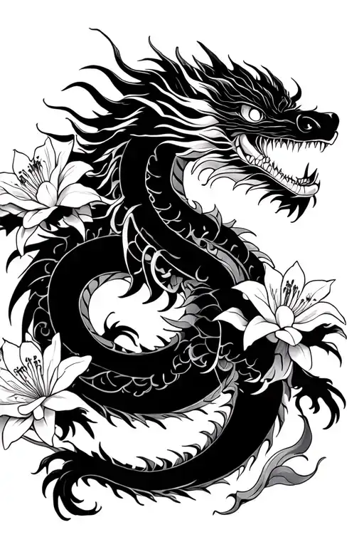 A Black And White Dragon With Spider Lily Flowers