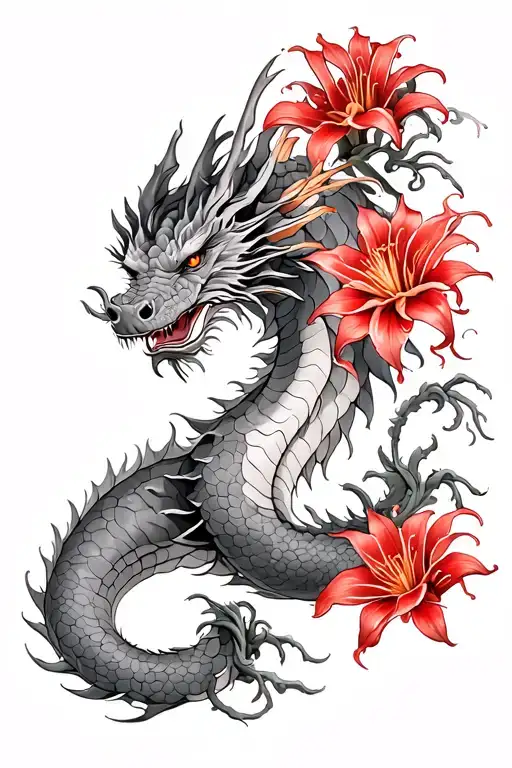 Grayscale Dragon With Spider Lily Flowers Growing Red