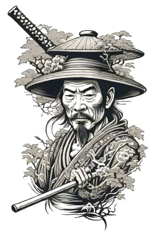 Samurai With Hat Behind Him Forest Scene