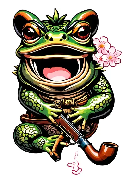 Oni Mask Above Samurai Frog With Rifle Smoking Pipe With Cherry Blossom Filler